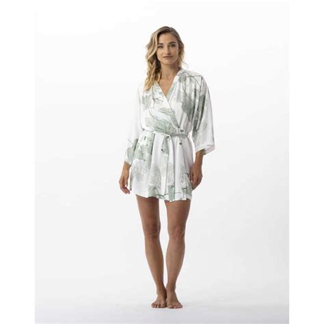 Kimono With Plant Pattern In Viscose Ginkgo Khaki Lingerie Le Chat