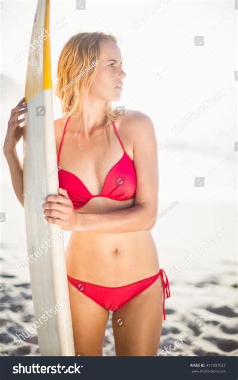 Woman Bikini Standing Surfboard On Beach Stock Photo Shutterstock