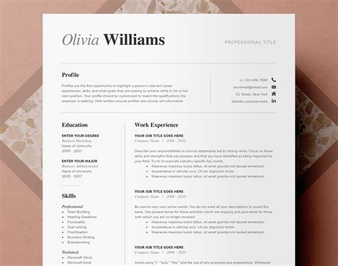 One Page Resume Template Word CV Template Cover Letter References for ...