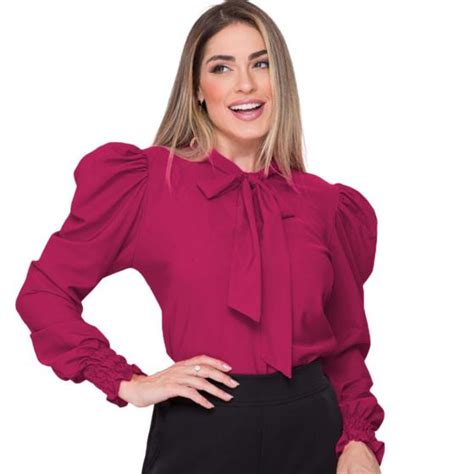 Modelo De Blusa Social Feminina - Blusa Social Feminina Manga Longa Bufante com Gola de Laço - G-Store ...