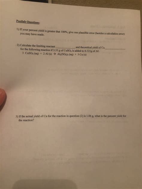 Solved Postlab Questions If Your Percent Yield Is Chegg