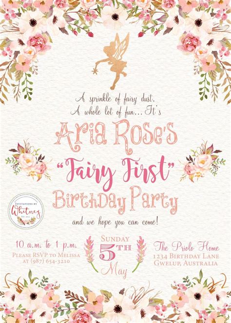 Fairy First Birthday Invitation Fairy Birthday Invitation Floral