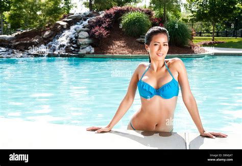 Beautiful Sexy Happy Smiling Tropical Polynesian Woman In Blue Bikini At Swimmingpool On