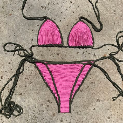 Cleo Crochet Bikini Set Triangle Bikini Pink And Army Green Thong Etsy