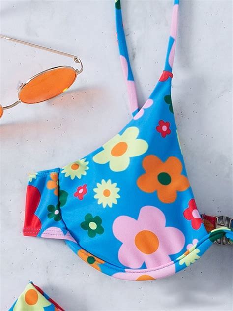 Emmiol Free Shipping Underwire Floral Print Bikini Set Blue S In Bikini Sets Online Store