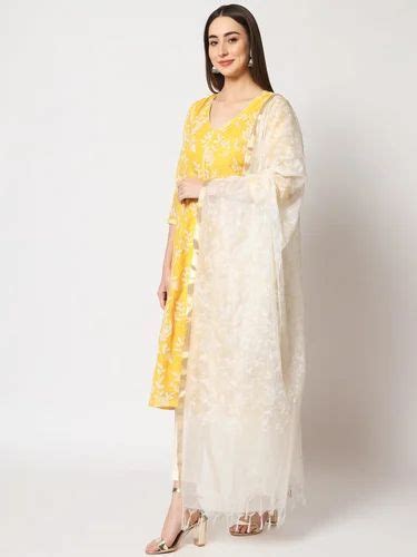 Yellow Kota Embroidered A Line Kurti With Straight Pants And Kota