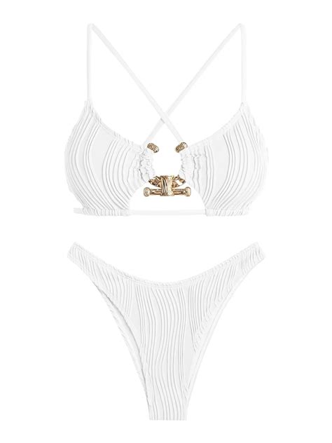 Zaful Women S Cutout Bikini Criss Cross Textured Metal High Leg Bikini Sets Cheeky Swimswear Two