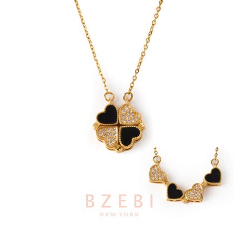 BZEBI 18k Gold Clover Necklace Four Leaf Diamond Pendant Emas 916 Anti