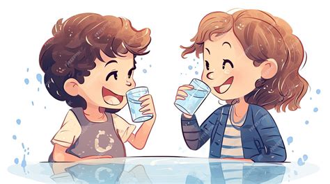 Premium Ai Image Boy And Girl Drinking A Glass Of Water Hand Drawn In Thin Line Style