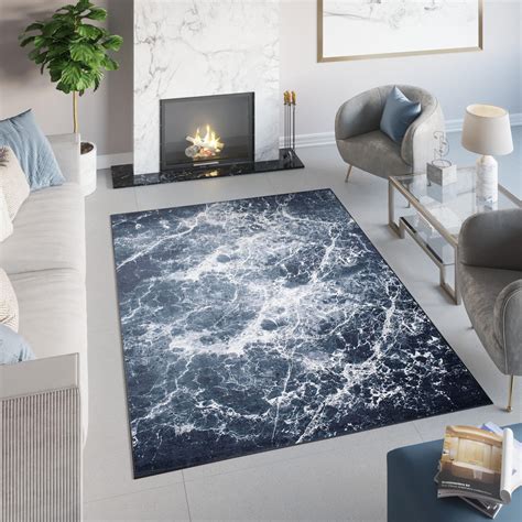 TAPISO Toscana Tapis de Salon Moderne Bleu Marine Blanc Marbre Imprimé