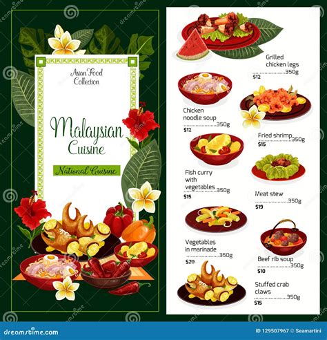 Malaysian Cuisine Traditional Dishes Vector Menu Stock Vector