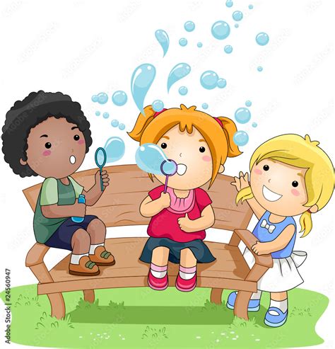 Children Blowing Bubbles In The Park Stock Vector | Adobe Stock