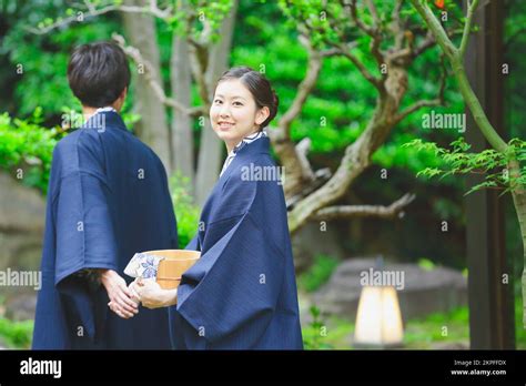 Japanese Couple On A Hot Spring Trip Stock Photo Alamy
