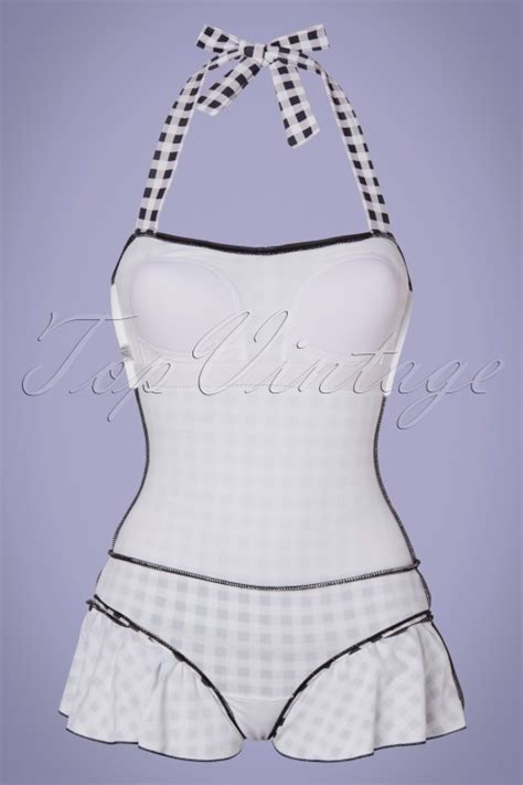 Pussy Deluxe Classic Collar Gingham Halter Swimsuit Années 50 en Noir et Blanc Acheter chez