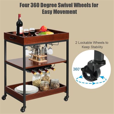 3 Tier Trolley Bar Cart High Quality Wood Sturdy Metal Frame Wheels