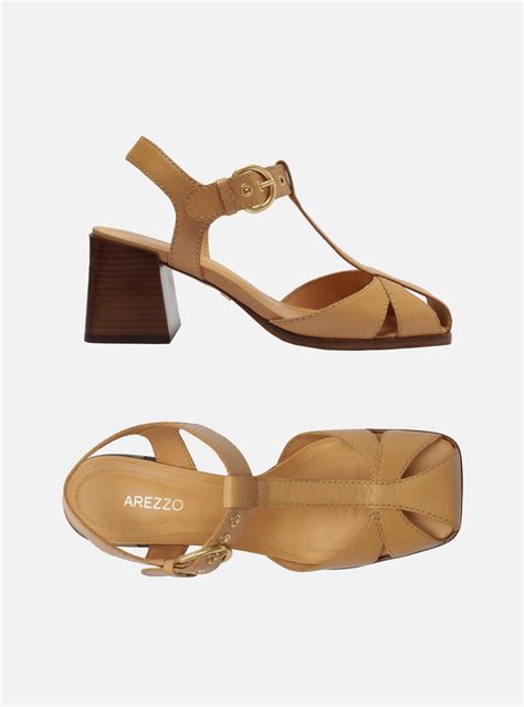 Sandália Nude Arezzo Couro Salto Bloco Cabedal Vazado ZZ MALL