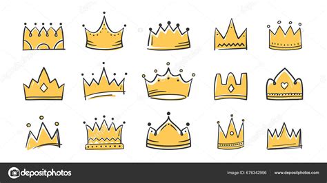 Set Yellow Hand Drawn Doodle Crowns King Queen Crowns Vector Stock