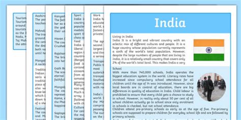 Facts About India For Kids Information Sheet Geography