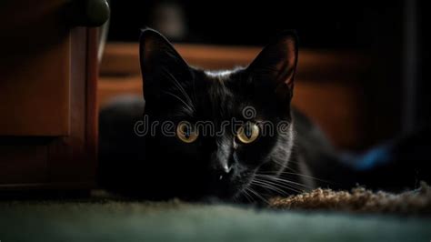 A Black Cat Hiding Under A Bed Ready To Pounce On A Toy Created With