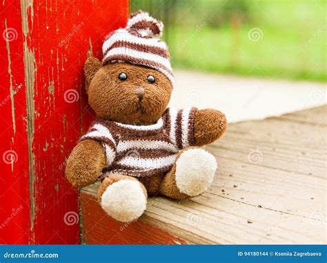 Urso Macio Do Brinquedo Que Senta Se No Campo De Jogos Foto De Stock