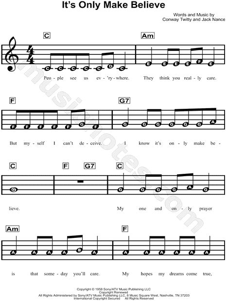 Conway Twitty Its Only Make Believe Sheet Music For Beginners In C
