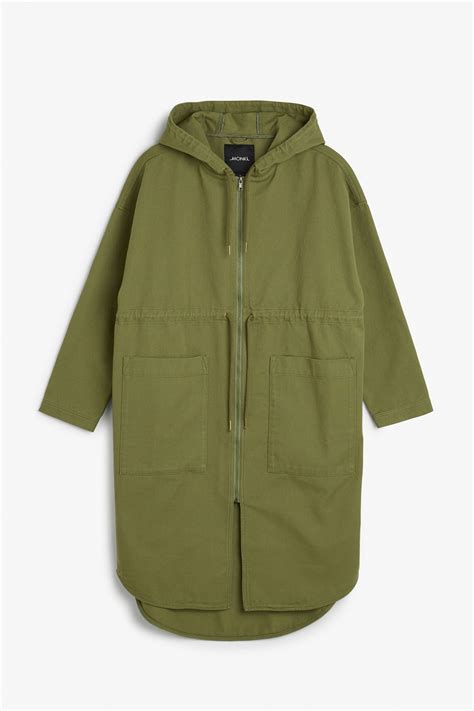 Monki Image 1 of Hooded denim coat in Khaki Green Cropped Faux Leather ...