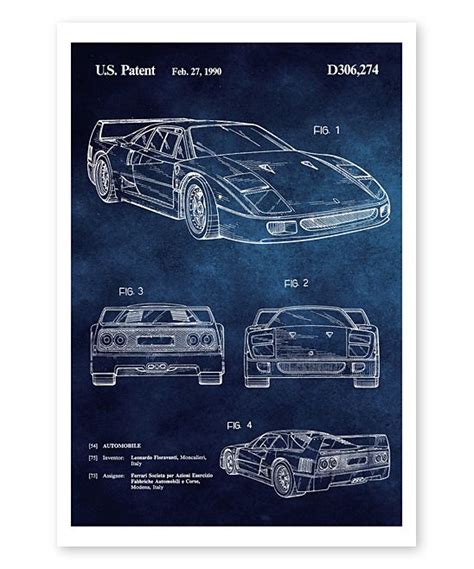 Oliver Gal Ferrari F40 1990 Blueprint Art Print | Blueprint art, Art prints, Blueprints