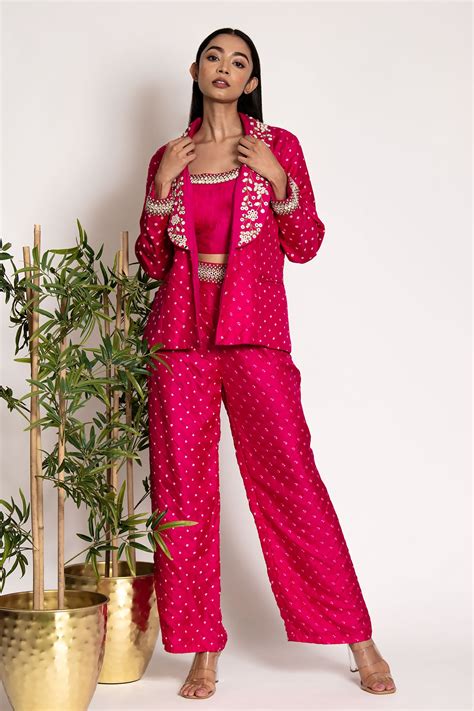 Buy Pink Silk Embroidered Bandhani Mirrorwork Embellished Pant Set For