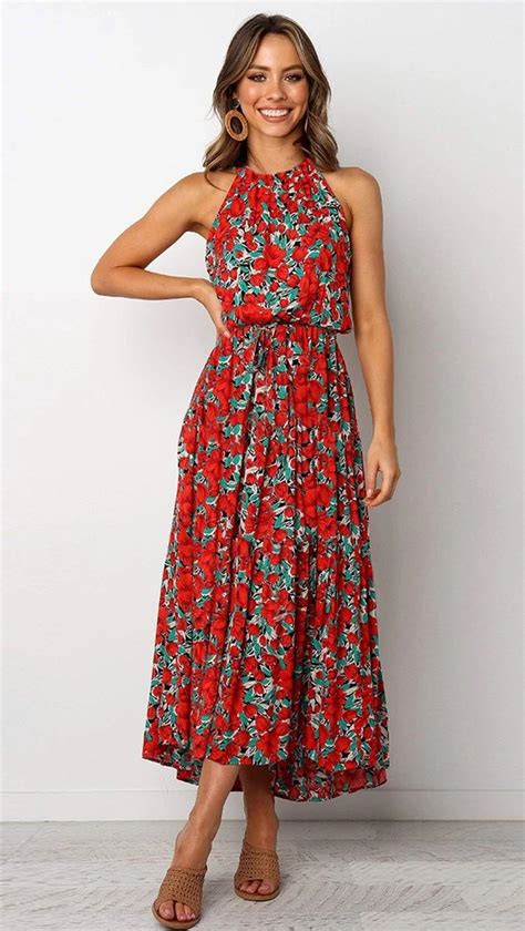 Red Rose Print Halter Midi Dress Gabi Swimwear Maxi Floral Dress Summer Long Flower Dress