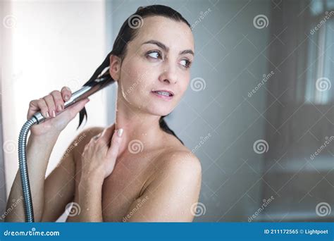 Woman Taking A Long Hot Shower Stock Image Image Of Beautiful Back