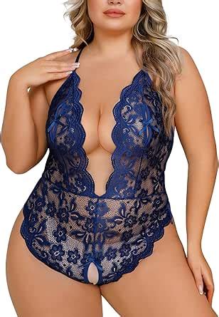 Amazon Plus Size Women One Piece Lingerie Deep V Teddy Sexy Lace Bodysuit Snap Crotch