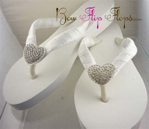 Bridal Flip Flops Wedge Rhinestone Heart Bling Ivory White Satin Bride