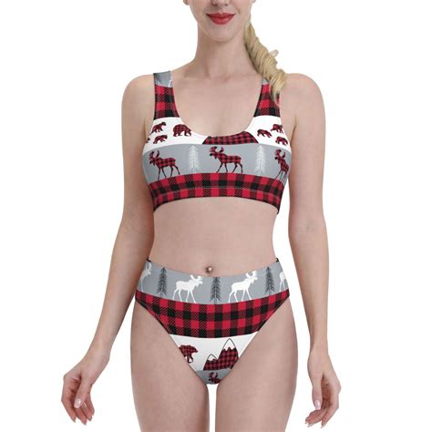 Adobk Buffalo Plaid Forest Print Women High Waisted Bikini Set Sports Swimsuit Bathing Suit