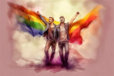 Ilustración generativa de ia de retrato de dos hombres gay enamorados y muy emocionados en las