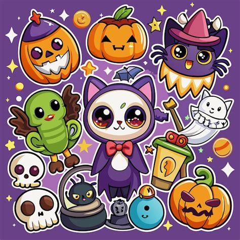 cute halloween characters  pumpkins skulls   witch cat