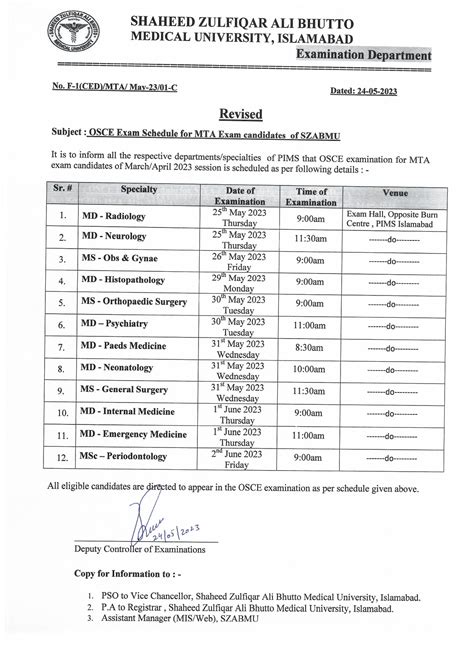 Revised Schedule of OSCE Examination for MTA Candidates of MS,MD,MDS