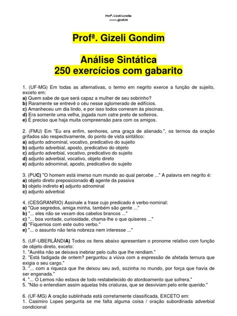 Exerc Cios De An Lise Sint Tica Adjuntos Adverbiais Para Ano