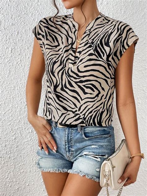 Shein Clasi Blusa De Rayas De Cebra De Cuello De Muesca De Manga