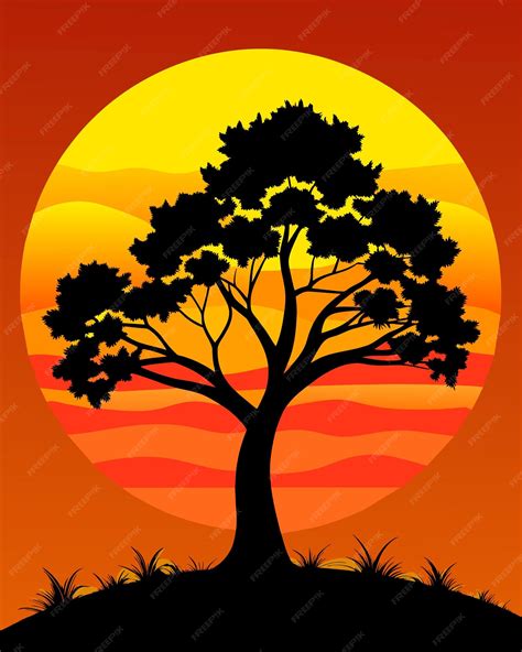 Premium Vector | A black silhouette of tree in sunset