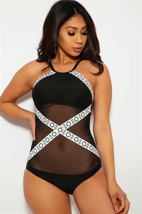 Sexy Black Printed Design Sheer Textured Padded One Piece Swimsuit