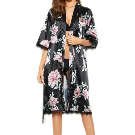 Satin Silk Pajamas Robe Lace Lingerie Women Underwear Sleepwear Pants With Belt EBay
