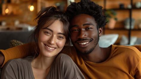 Premium Photo Joyful Multiracial Couple Taking A Selfie On A Cozy