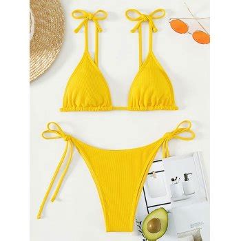Emmiol Free Shipping 2025 Yellow Tie Strap Ribbed Bikini Set Yellow M In Bikini Sets Online