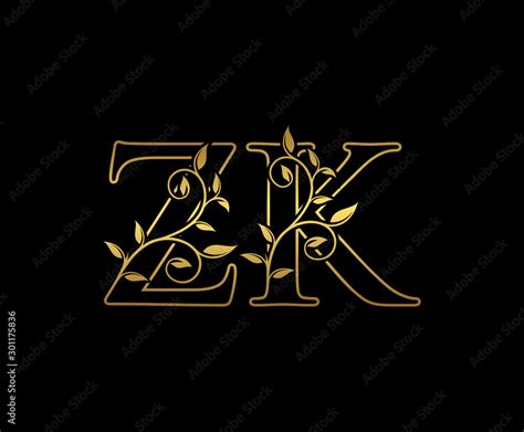 Golden Letter Z And K Zk Vintage Decorative Ornament Emblem Badge Overlapping Monogram Logo