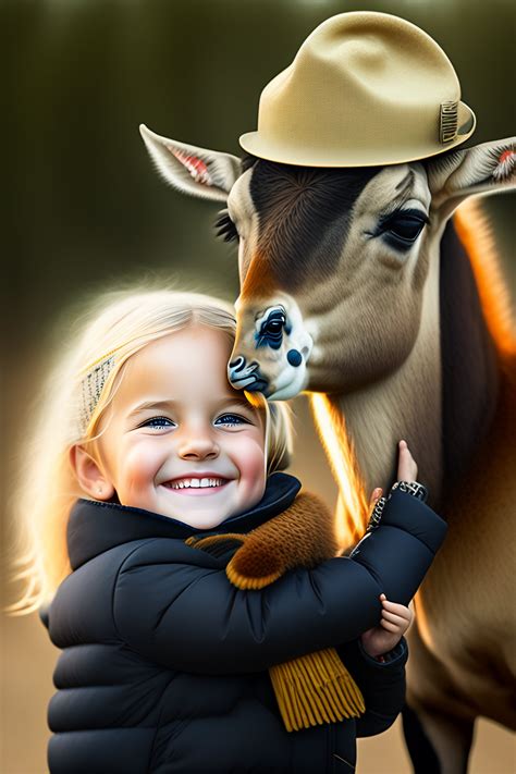Lexica A 3 Year Old Blonde Girl With A Hat Petting A Cute Ibex Photorealistic