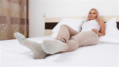 Dominika Sexy Blonde With Nylon Socks FeetJeans