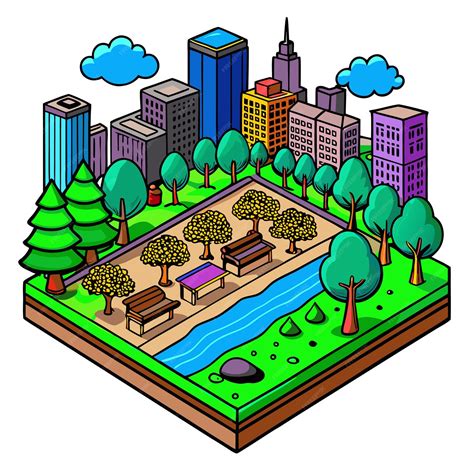 A vibrant park scene with trees benches and a city skyline | Premium AI