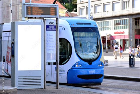 tram stop in urban setting. image collage. white poster ad display ...