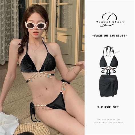 Women S Swimsuit High End Black Chain Diamond Bikini Swimsuit Vacation Travel Korean Version Ins
