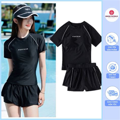 Bikini đồ bơi 2 mảnh áo tay ngắn phối viền quần đùi 2 lớp chất thun bơi co giãn cao cấp Shopee
